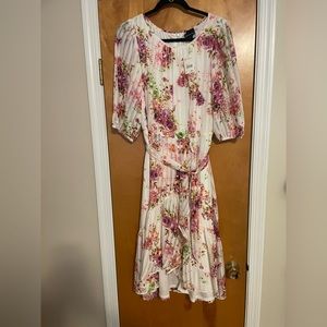 White, pink floral, quarter sleeve, fit and flare dress